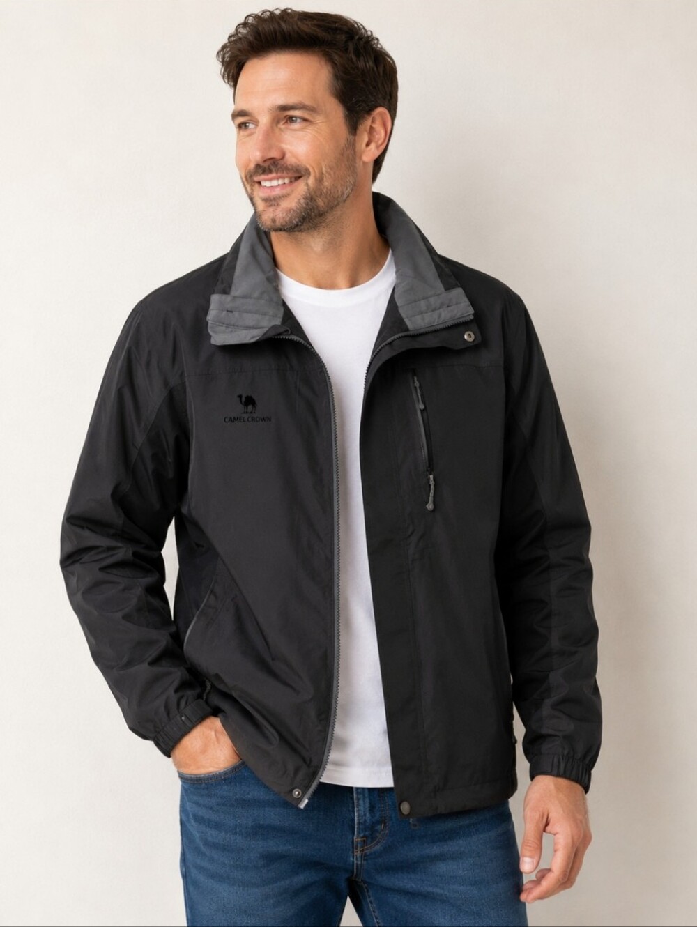 Camel Crown Men's Black Lightweight Windbreaker Jacket Full Zip Outdoor Coat L